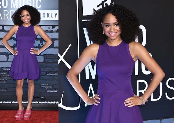 Tanisha Long in a purple Ted Baker dress and pink Prada sandals at the 2013 MTV Video Music Awards