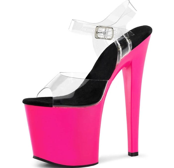 UV Reactive Hot Pink Neon Heels with Clear Straps and 7.5 Inch Stilettos