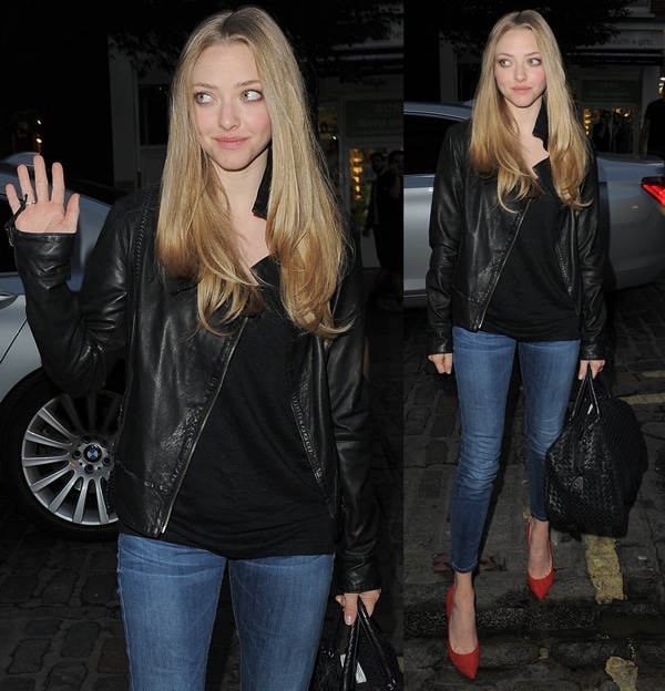 Amanda Seyfried demonstrates how a pair of red Brian Atwood Cassandra pumps can instantly elevate a simple combination of skinny jeans, a black tee, and a leather biker jacket