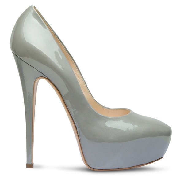Casadei patent leather platform pumps in a soft gray hue, featuring a towering stiletto heel and sculpted silhouette that defined the label’s early-2010s red-carpet appeal