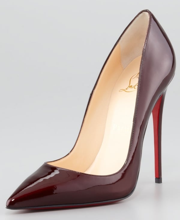 Christian Louboutin’s “So Kate” in rouge noir features a high 120mm heel, razor-sharp toe box, and signature red sole for a bold yet versatile finish
