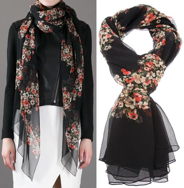 Elegant Dolce Gabbana floral scarf crafted in luxurious silk chiffon, priced at $645