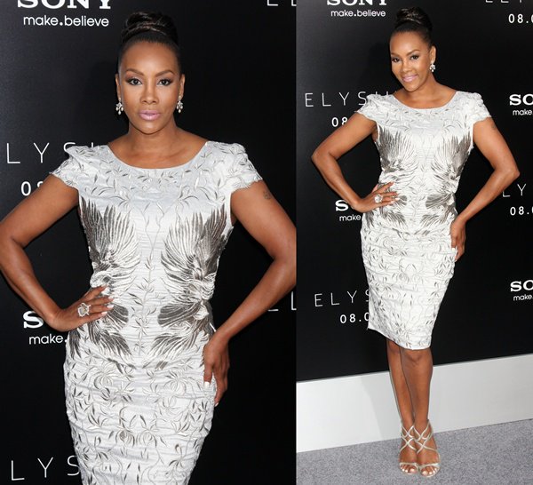 Vivica A. Fox in a silver embroidered dress at the world premiere of "Elysium"