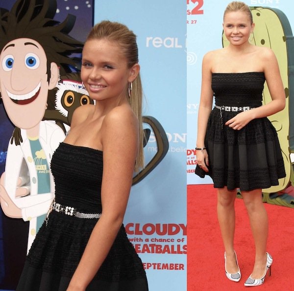 Alli Simpson pairs a strapless black textured dress with a sparkling belt and printed white pumps featuring unique curved heels at the Cloudy with a Chance of Meatballs 2 premiere
