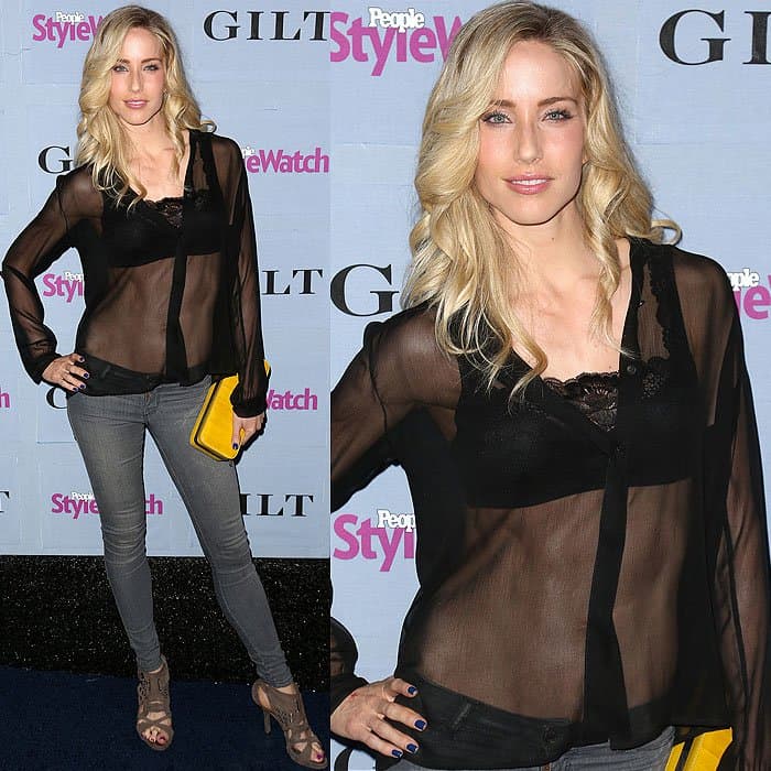 Astrid McGuire pairs a bold sheer black blouse with lace detailing and gray skinny jeans, finishing the look with neutral peep-toe heels that add subtle height