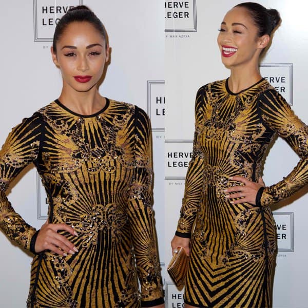 Cara Santana opted for a neat, pulled-back hairstyle in a clean updo at the Herveé Léger show at the Spring 2014 Mercedes-Benz Fashion Week in New York City