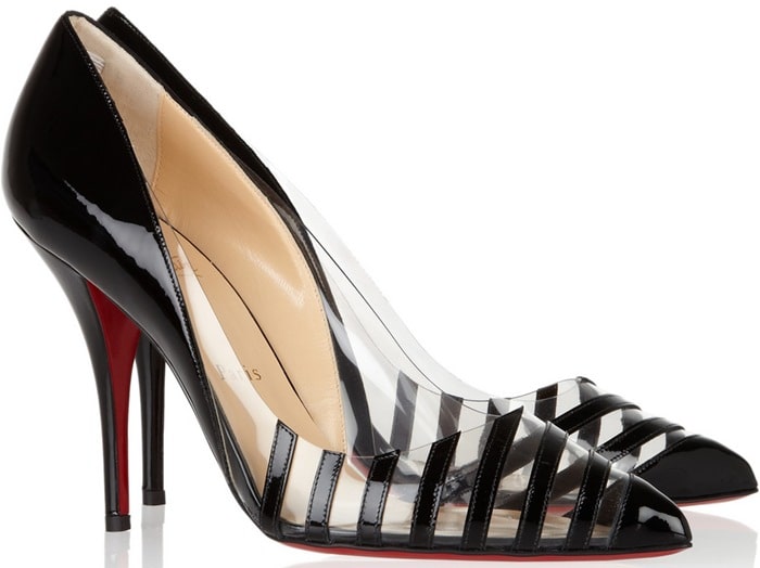 Christian Louboutin “Pivichic” PVC and patent leather pumps in black, featuring striped transparent panels and a 100mm stiletto heel, originally retailing for $795