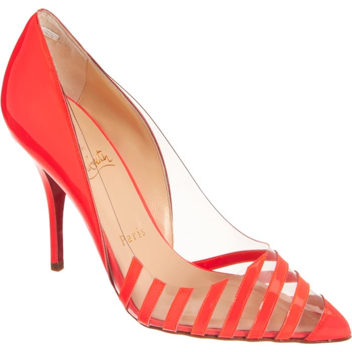 Christian Louboutin “Pivichic” PVC and patent leather pumps in red, showcasing the same illusion-striped design with a bold monochrome finish, originally retailing for $795