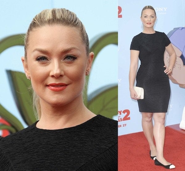 Elisabeth Röhm keeps it simple and chic in a fitted black dress paired with Sam Edelman “Trent” white capped-toe flats and a coordinating ivory clutch