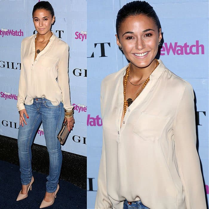 Emmanuelle Chriqui balances her scrunched skinny jeans with nude pointed-toe pumps that lengthen her legs, pairing them with a flowy cream blouse and statement necklace at the People StyleWatch Denim Party