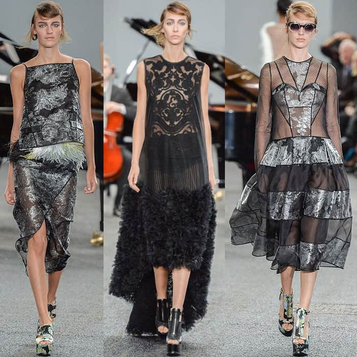 Erdem's Spring 2014 collection showcases edgy elegance with metallic feathers, intricate lace, and bold sheer-panel designs