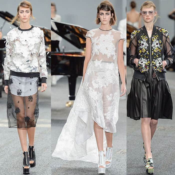 A feathery sweatshirt, a sheer embroidered dress, and a floral-embroidered zip jacket with a leather skirt from the Erdem spring 2014 collection