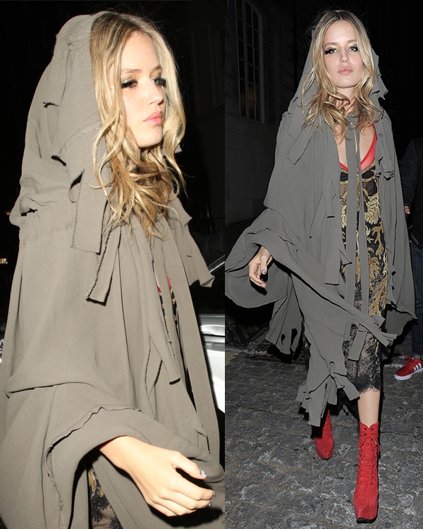 Georgia May Jagger looked tacky in a gray hoodie over a gorgeous black-and-gold lace dress at AnOther Magazine‘s party