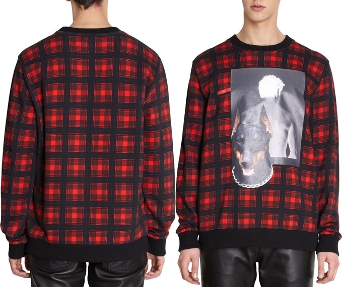 The Givenchy Doberman and photo-print tartan sweatshirt is shown front and back, revealing its bold graphic placement and classic crewneck silhouette from the brand’s menswear collection