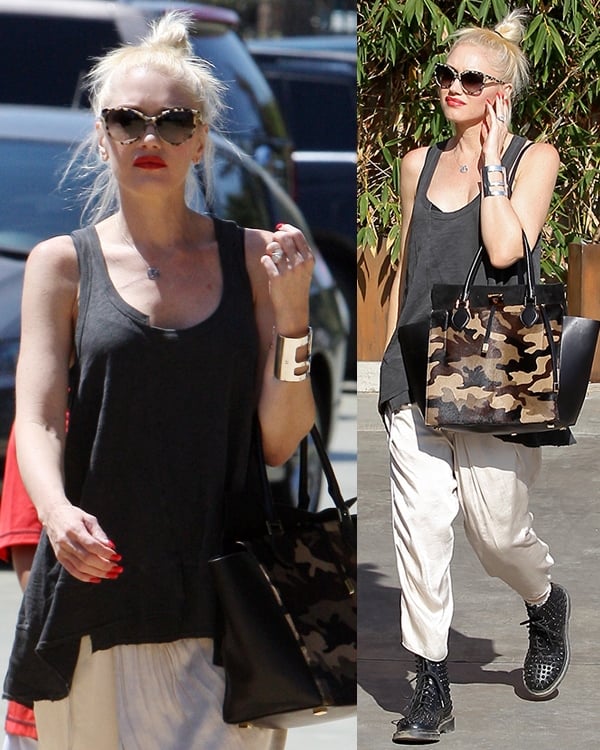 Gwen Stefani’s messy top knot complements her gray Wilt top, adding a casual-chic vibe to her look