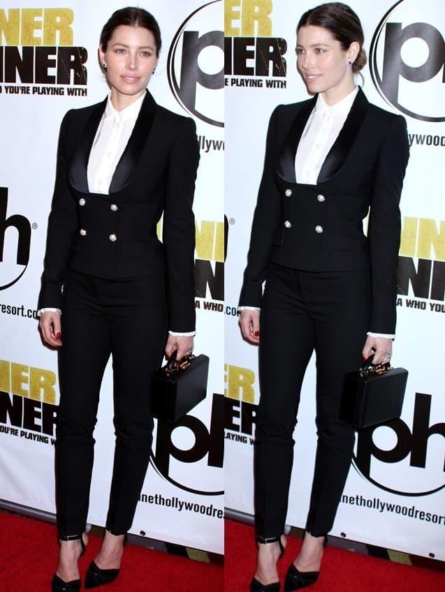 Jessica Biel stuns in a Dolce Gabbana suit paired with Giambattista Valli pointed pumps and a Mark Cross box-shaped bag