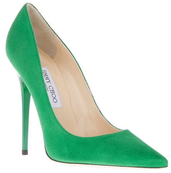 Rendered in vivid green suede, the Jimmy Choo 'Abel' pump pairs a sharply tapered pointed toe with a slender stiletto heel, exemplifying the silhouette that became one of the brand's defining designs of the 2010s