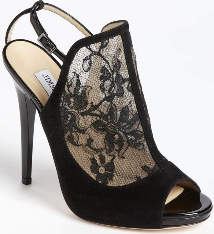 Decadent suede frames the ladylike lace of an impeccably cut sandal perched atop a slim, wrapped heel