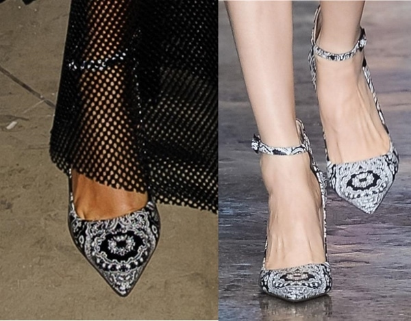 Joan Smalls wore bandana-print DKNY ankle-strap pumps, straight from the Spring 2014 runway
