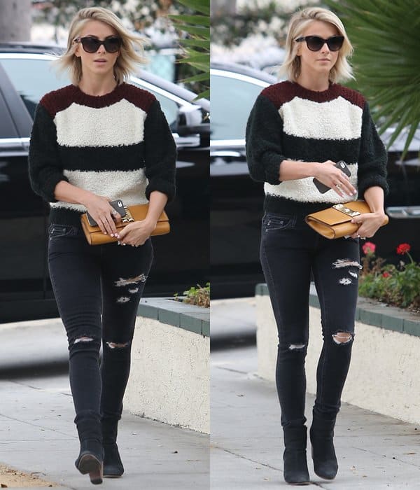 Julianne Hough was spotted in Beverly Hills on September 20, 2013, wearing Rag Bone Classic Newbury booties, AG Adriano Goldschmied legging jeans, an Isabel Marant sweater, and carrying a Hermes Medor clutch