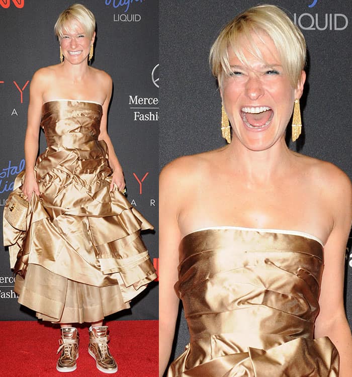 Julie Macklowe turned heads in a daring head-to-toe gold look at the 10th Annual Style Awards, pairing a strapless, layered gold gown with matching metallic gold sneakers for an unexpected yet playful red carpet statement