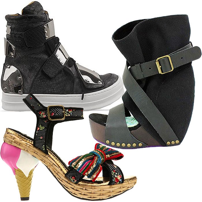From top: Jeffrey Campbell 'Optimus' sneakers, Irregular Choice 'Eat Me Whole' sandal booties, and Irregular Choice 'What She Said' sandals, showcasing bold designs with unique elements like metallic accents, colorful bows, and whimsical ice cream cone heels