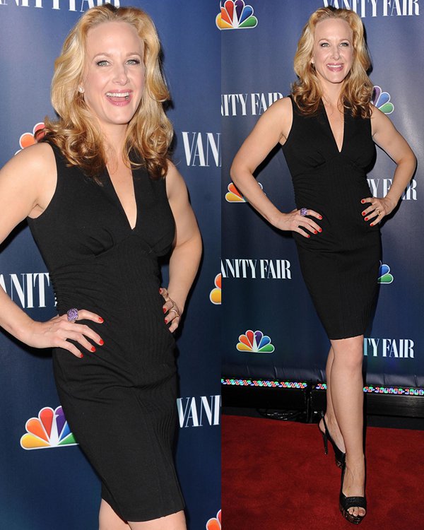 Katie Finneran stuns in a classic little black dress complemented by Jessica Simpson slingback pumps at the NBC 2013 Fall Launch Party