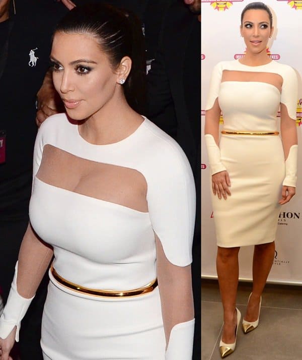 Kim Kardashian turns heads in a form-fitting white cut-out dress with gold accents, making a stunning appearance at the opening of Millions of Milkshakes in Kuwait City