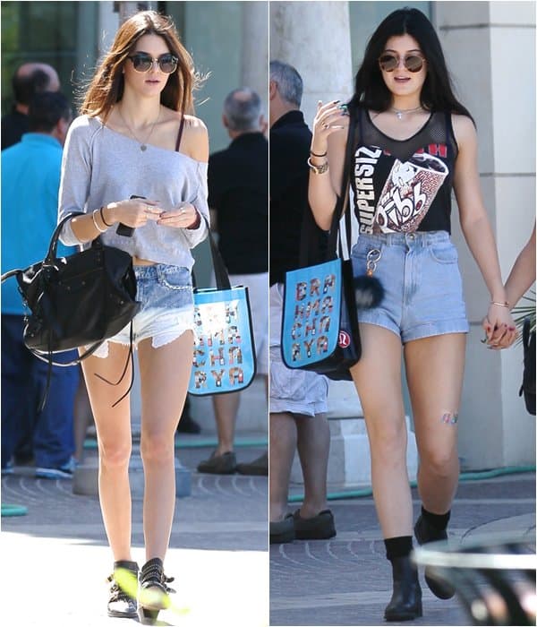 Kendall and Kylie Jenner wearing sexy denim shorts while shopping