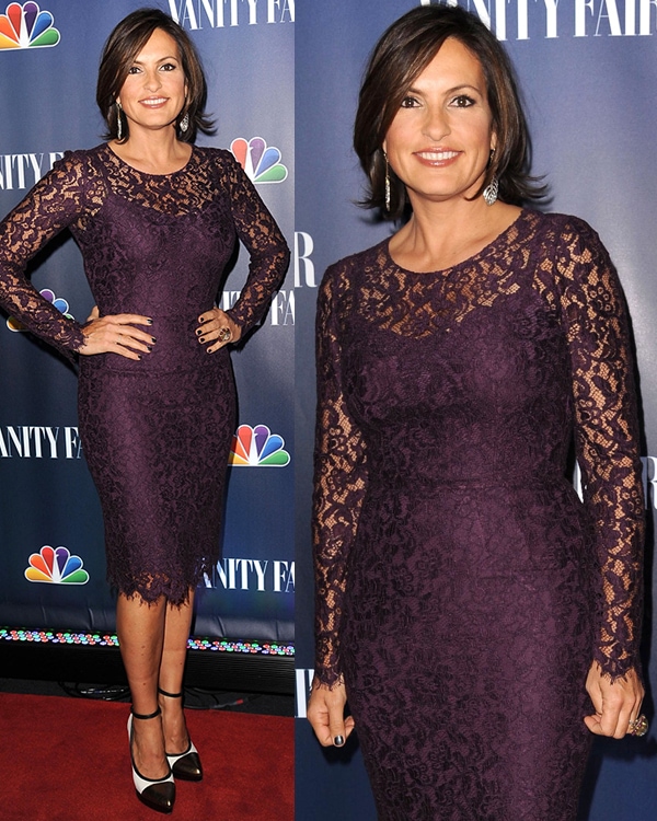 Mariska Hargitay stuns in a plum lace dress paired with chic Lanvin croc-stamped cap-toe pumps at the NBC 2013 Fall Launch Party