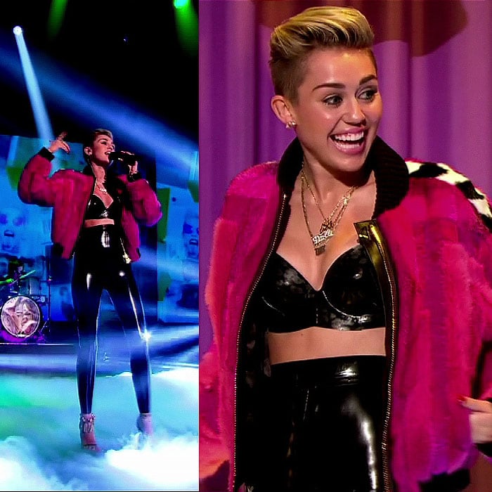 Miley Cyrus performs on Alan Carr: Chatty Man, pairing a hot-pink fur jacket and latex separates with white-snake-heeled sandals that amplify the high-gloss, stage-ready look
