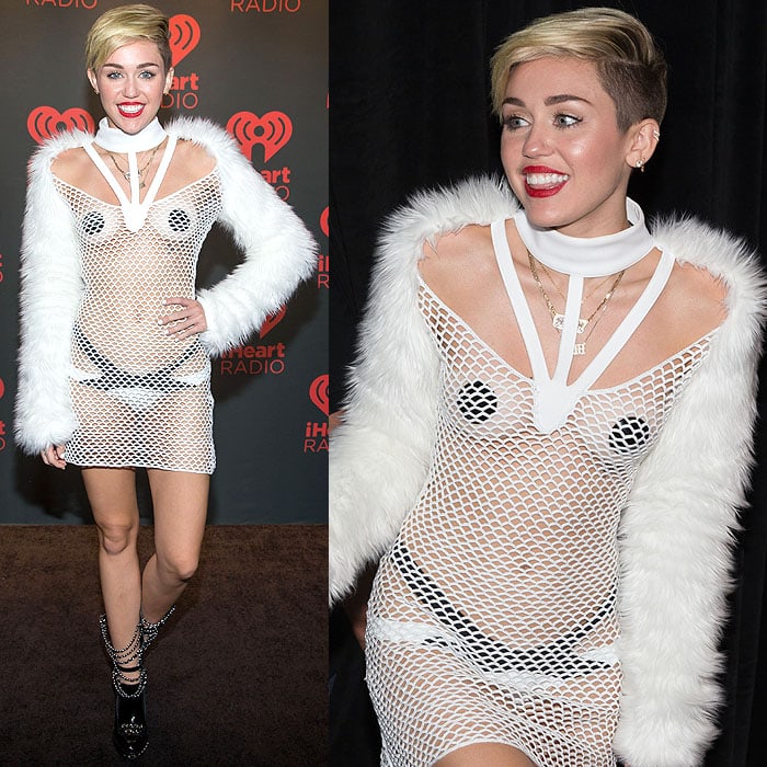 Miley Cyrus turned heads at the 2013 iHeartRadio Music Festival in Las Vegas wearing a sheer white fishnet mini dress layered over pasties and briefs, finished with Chanel’s chain-embellished loafer boots and a faux-fur shrug
