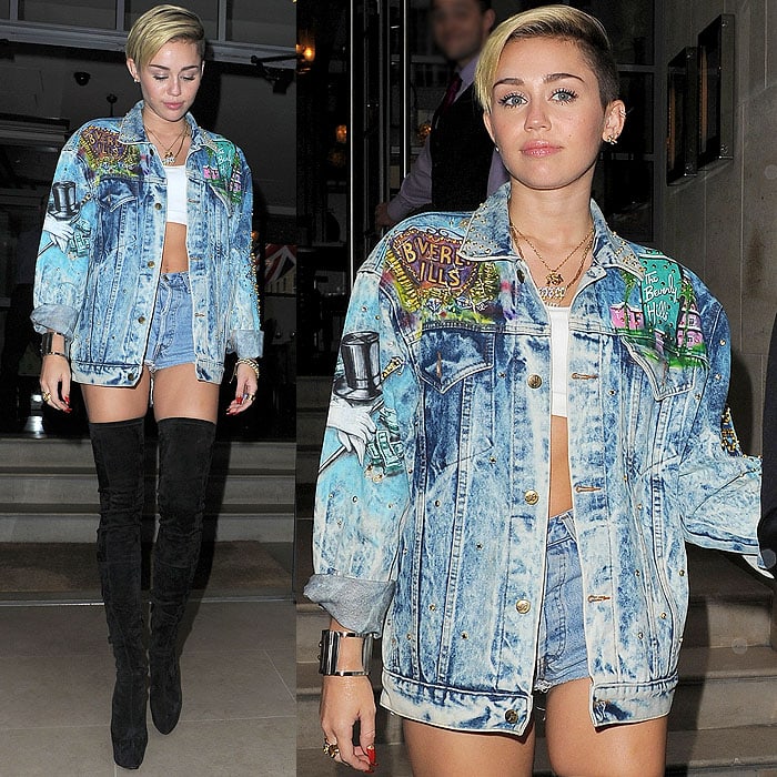 Miley Cyrus leaves her London hotel on September 11, 2013, pairing a graffiti-style vintage denim jacket and micro shorts with thigh-high Christian Louboutin “Monicarina” boots that create a sleek, leg-lengthening silhouette