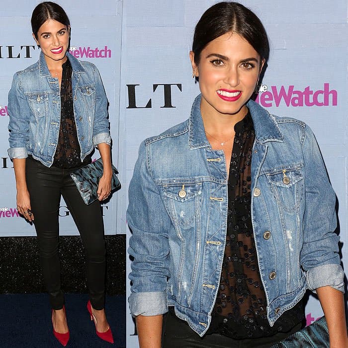 Nikki Reed adds a bold pop of color with fuchsia pumps and lipstick, pairing them with a distressed denim jacket, sheer black blouse, and skinny jeans
