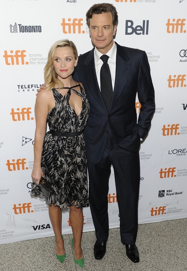 Reese Witherspoon, looking petite next to Colin Firth at 6'1", dazzles in a Jason Wu dress and green Jimmy Choo pumps at the Devil's Knot premiere during the 2013 Toronto International Film Festival
