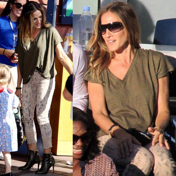 Sarah Jessica Parker is all smiles as she enjoys the match, looking casual and chic in a loose shirt and MiH skinny jeans