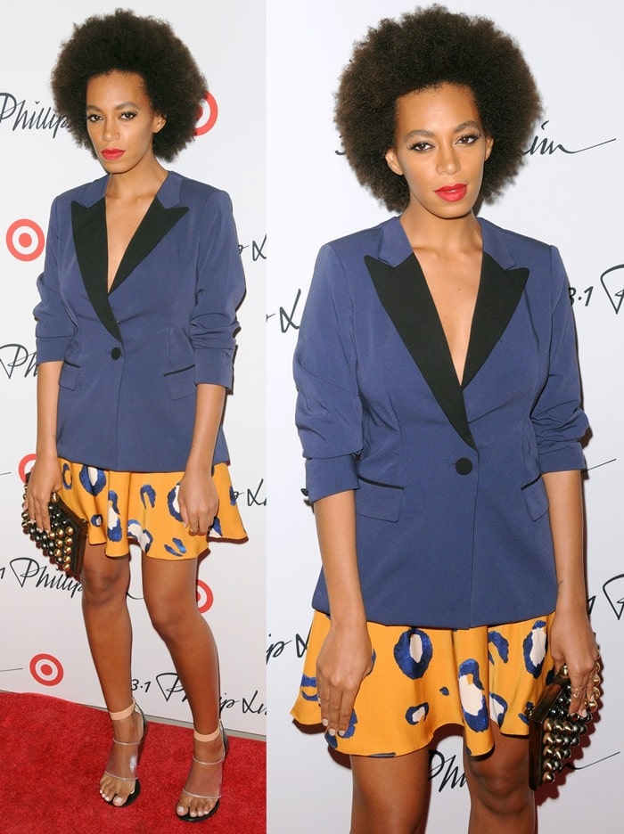 Solange Knowles pairs her vibrant animal-print mini skirt and sharp blue blazer with nude Givenchy sandals featuring clear straps and cone heels at the 3.1 Phillip Lim for Target launch