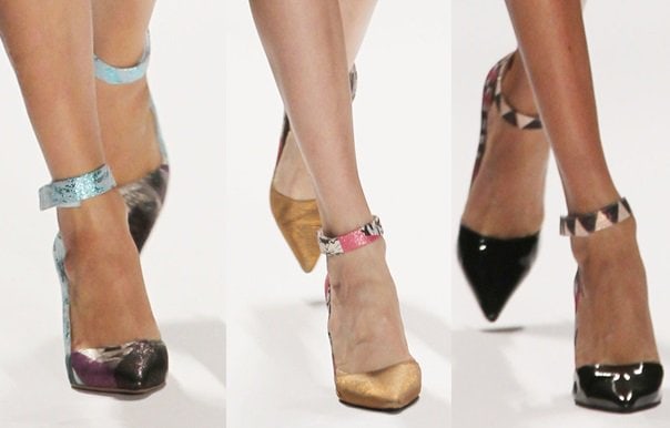 Custo Barcelona sticking to the basic pointy ankle-strap pumps for Spring 2014 but infusing them with color and texture