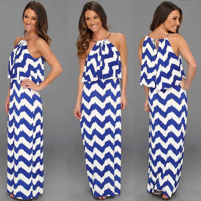 Sophisticated Summer Style: Tbags Los Angeles high-neck cami long dress featuring a ruffle flap, captured in a serene blue hue — $202