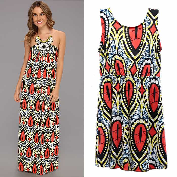 Coordinating in Style: Tbags Los Angeles presents a collection for women and girls, featuring dresses with unique tribal neck trim — Women’s Halter Maxi Dress, $215; Girls’ Cutout Bow-Back Dress, $70
