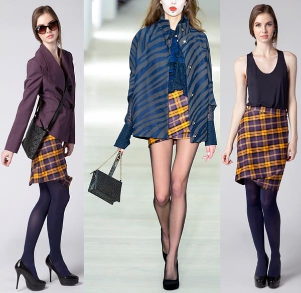 The Vivienne Westwood Taxi Tartan Skirt in Yellow Plum, as worn by Anna Kendrick, is available for $350.00