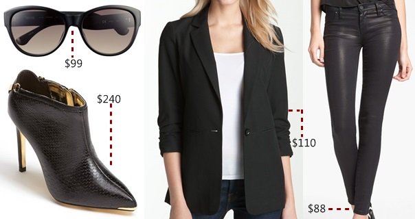 Get Abbey Clancy's chic look: MICHAEL Michael Kors 'Vivian' sunglasses, Ted Baker 'Navlig' booties, a MICHAEL Michael Kors ruched sleeves boyfriend jacket, and BLANKNYC spray on super skinny jeans complete this stylish ensemble