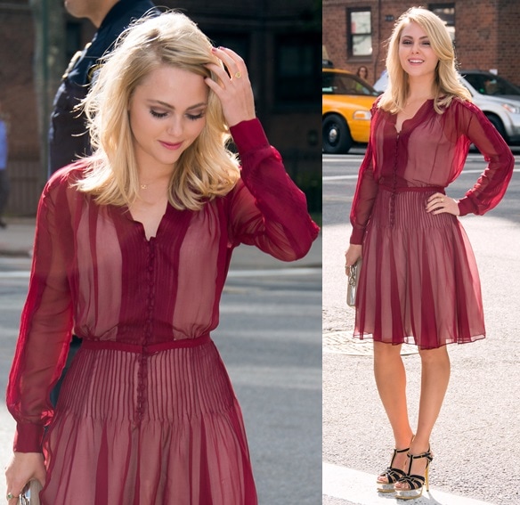 AnnaSophia Robb attends the Diane Von Furstenberg NYFW Fall 2013 show in a chic pleated chiffon dress, matching chain-top clutch, and bold black and gold Yves Saint Laurent platform slingbacks