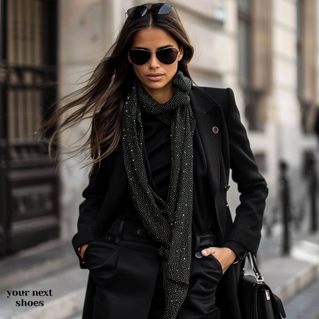 Chic in the City: This model strikes a pose on a breezy day, exuding sophistication in an all-black ensemble accented by a subtly shimmering printed scarf and sleek sunglasses, perfectly capturing urban elegance