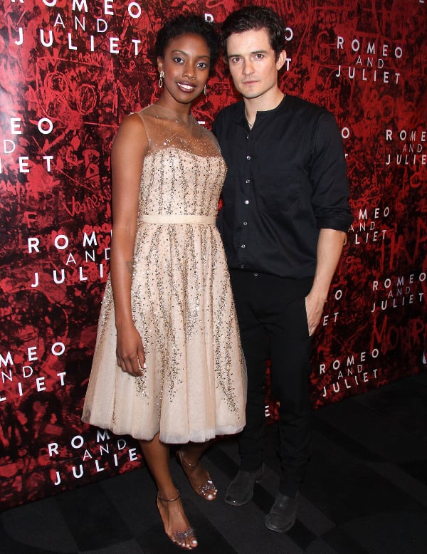 Condola Rashad and co-actor Orlando Bloom, who plays Romeo, celebrating the 'Romeo and Juliet' Broadway opening night