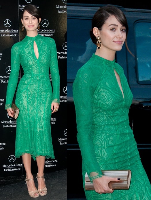 Emmy Rossum stuns at the Monique Lhuillier Fashion Show on September 7, 2013, in a lace dress from the Fall 2013 collection, paired with Jimmy Choo Fayme sandals and a Sweetie clutch