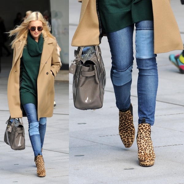 Fearne Cotton, in a camel-colored coat over a dark green sweater and skinny jeans, leaving the BBC Radio 1 studios in London, United Kingdom, on September 18, 2013