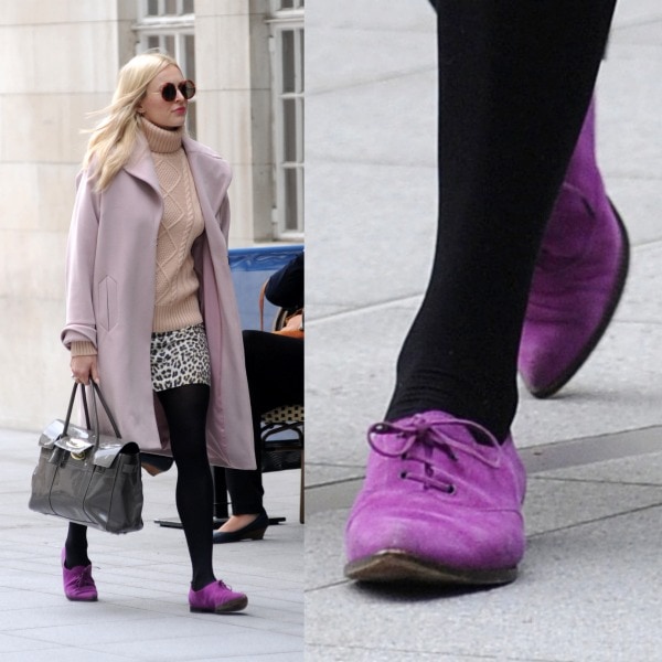 Fearne Cotton arriving at the BBC Radio 1 studios in a Marks Spencer coat, a Stefanel sweater, a leopard-print skirt, and purple lace-up shoes in London, United Kingdom, on September 19, 2013