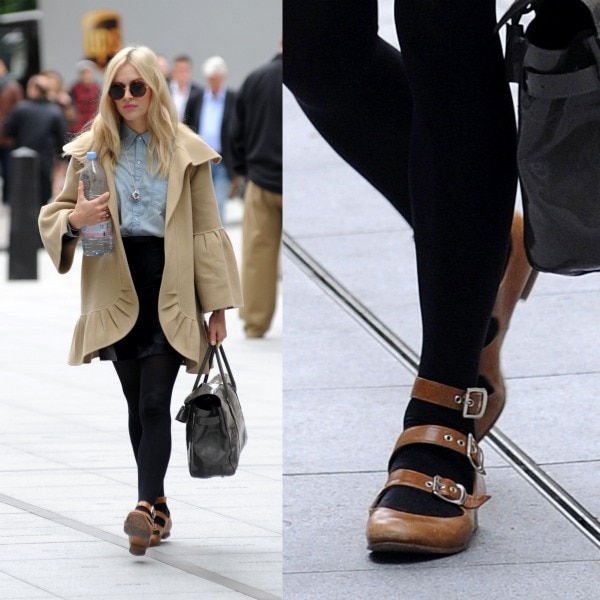 Fearne Cotton looking chic as she heads over to the BBC Radio 1 studios in a beige coat, a buttoned-up denim shirt, a leather skirt, black tights, and Vivienne Westwood three-strap sandals in London, United Kingdom, on September 20, 2013