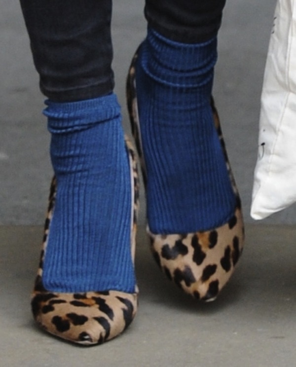 Fearne Cotton adds playful contrast to her BBC Radio 1 look by pairing leopard-print pumps with cobalt blue socks, turning a classic heel into a statement styling moment